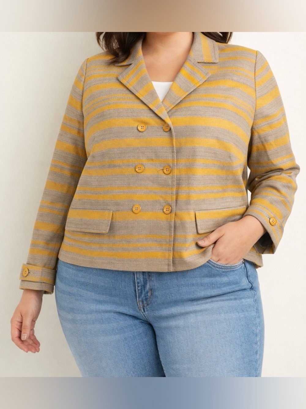 NWT Talbots 22W Linen Blend Yellow Stripe Cropped Blazer Jacket Chic Spring